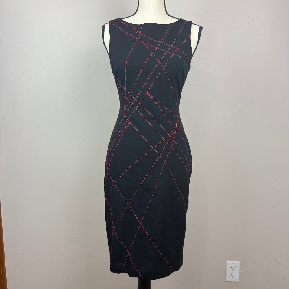 Cache Sheath Dress Women 4 Black Red Geometric Stitch Vtg USA Career Y2K Office